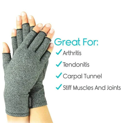 Open finger grey arthritis compression gloves from The Digital Health Store designed to support and soothe joint pain.
