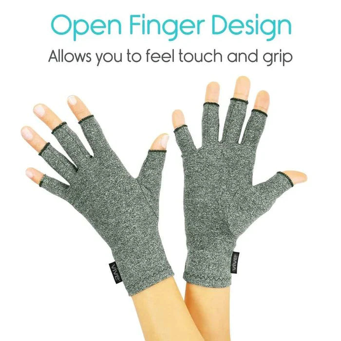 Open finger arthritis compression gloves in grey by The Digital Health Store, designed to support and soothe finger and hand pain.