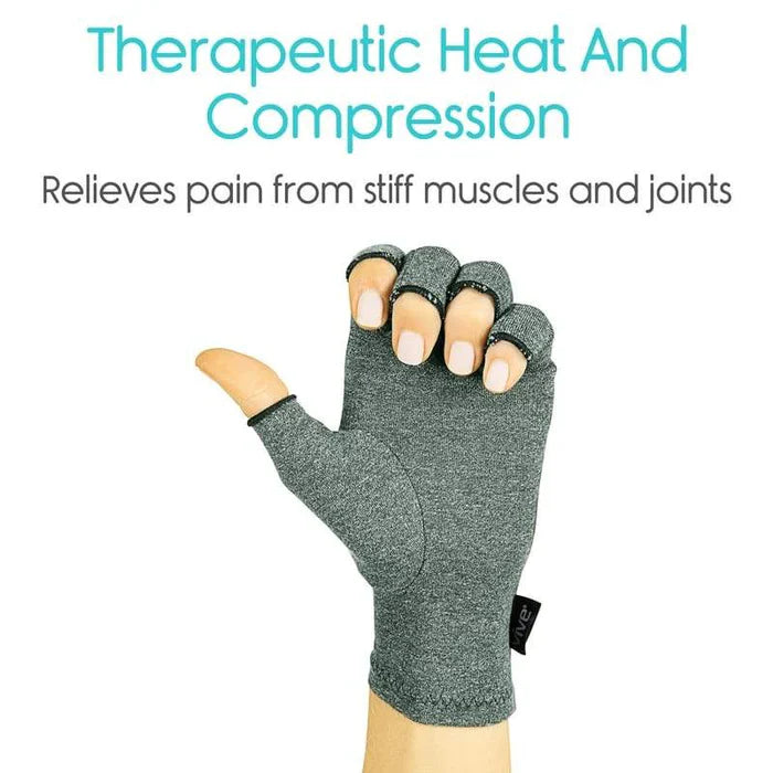 Open finger arthritis compression gloves in grey, designed for support and pain relief, by The Digital Health Store.