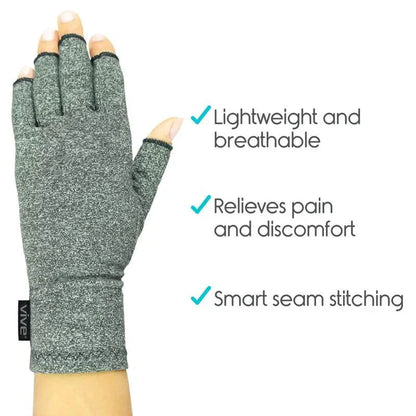 Open finger grey arthritis compression gloves from The Digital Health Store, designed to provide support and relief for joint pain.
