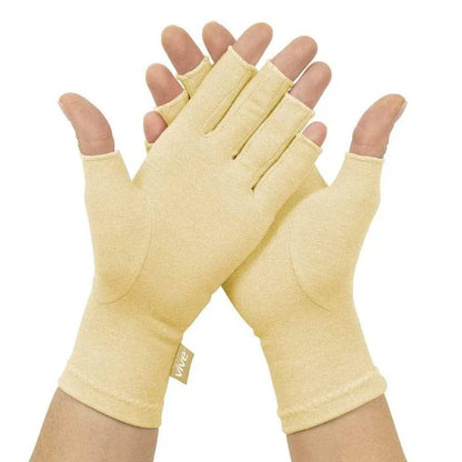 Grey arthritis compression gloves with open fingers for support and pain relief, designed for small size from The Digital Health Store.