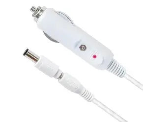 Freedom CPAP Battery DC car charger for 12V vehicles, compatible with CPAP accessories, shown with connecting cable and plug.