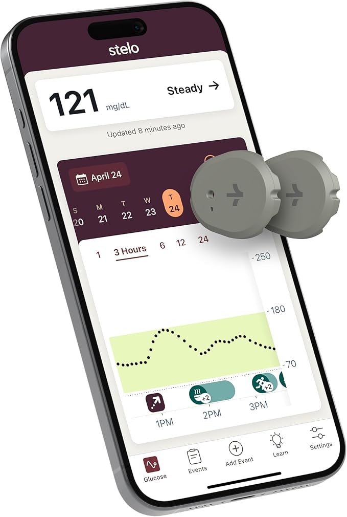 Dexcom Stelo continuous glucose monitor biosensors in a 2-pack, Bluetooth-enabled 15-day sensors for diabetes management.