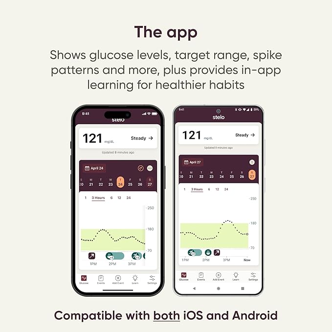 Dexcom Stelo continuous glucose monitor biosensors in a 2-pack, Bluetooth-enabled, designed for 15-day glucose tracking.