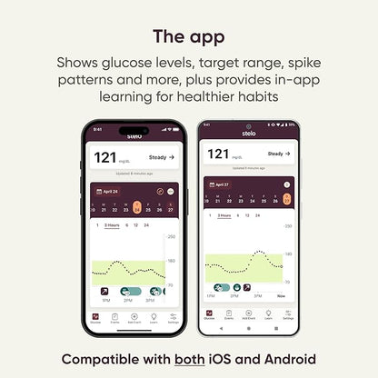 Dexcom Stelo continuous glucose monitor biosensors in a 2-pack, Bluetooth-enabled, designed for 15-day glucose tracking.