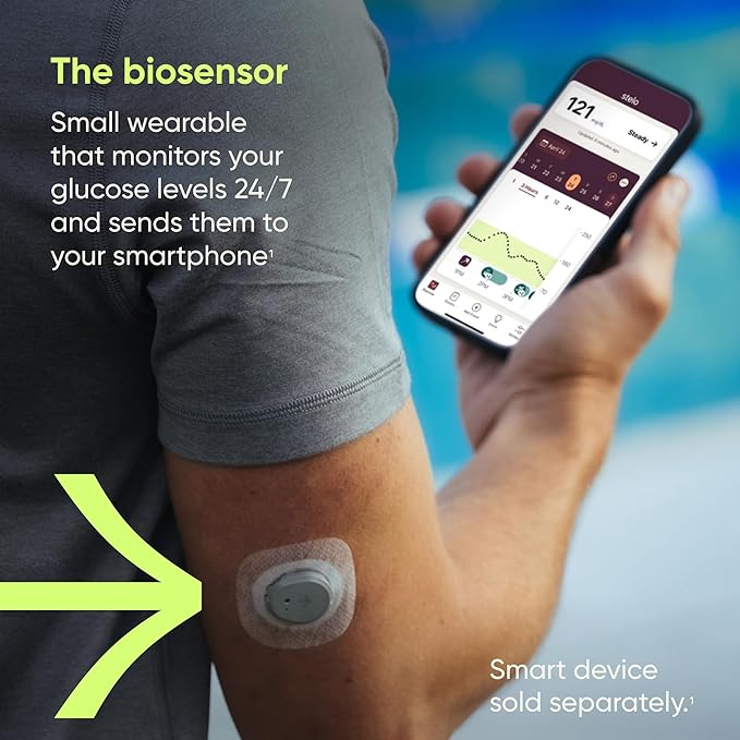 Dexcom Stelo continuous glucose monitor biosensors in a 2-pack, Bluetooth-enabled 15-day sensors for diabetes management.