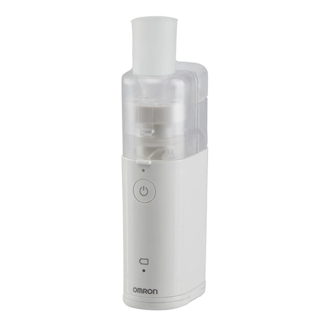 Omron NE-U100 Portable MicroAir Nebulizer, compact handheld device for respiratory treatment, black and silver design.