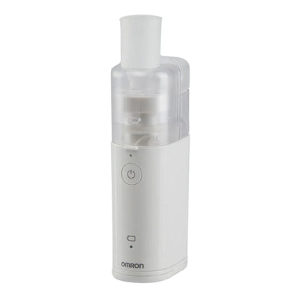 Omron NE-U100 Portable MicroAir Nebulizer, compact handheld device for respiratory treatment, black and silver design.