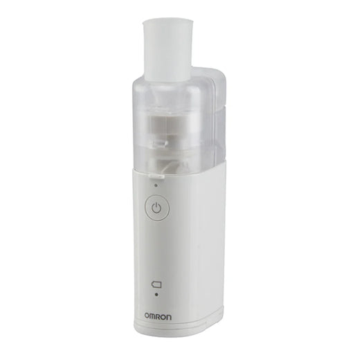Omron NE-U100 Portable MicroAir Nebulizer, compact handheld device for respiratory treatment, black and silver design.
