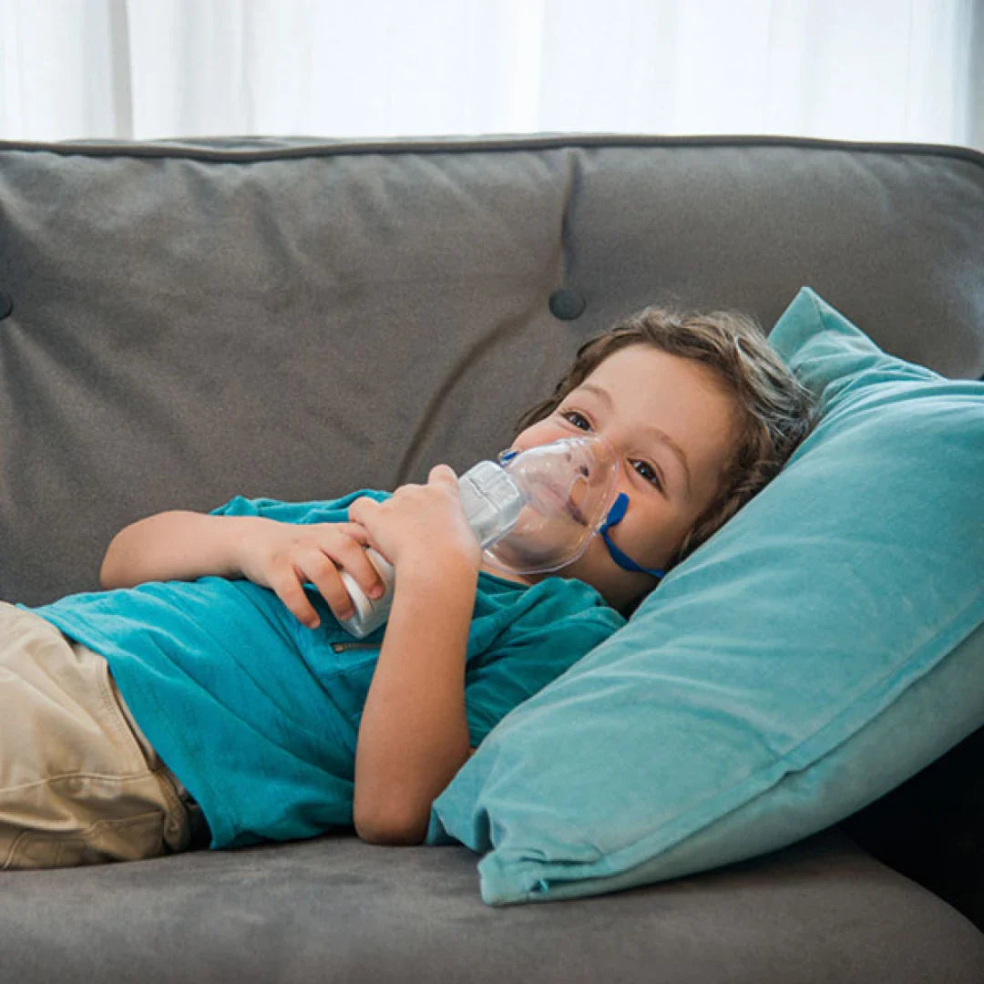 Omron NE-U100 Portable MicroAir Nebulizer, compact handheld device for respiratory treatment, shown with its components.