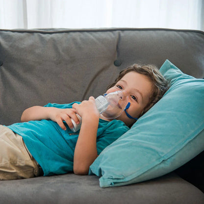 Omron NE-U100 Portable MicroAir Nebulizer, compact handheld device for respiratory treatment, shown with its components.