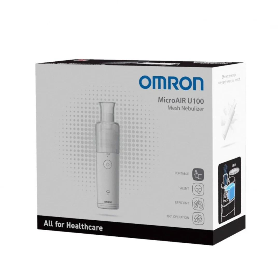 Omron NE-U100 Portable MicroAir Nebulizer showing compact design, handheld device for respiratory treatment, with no accessories visible.