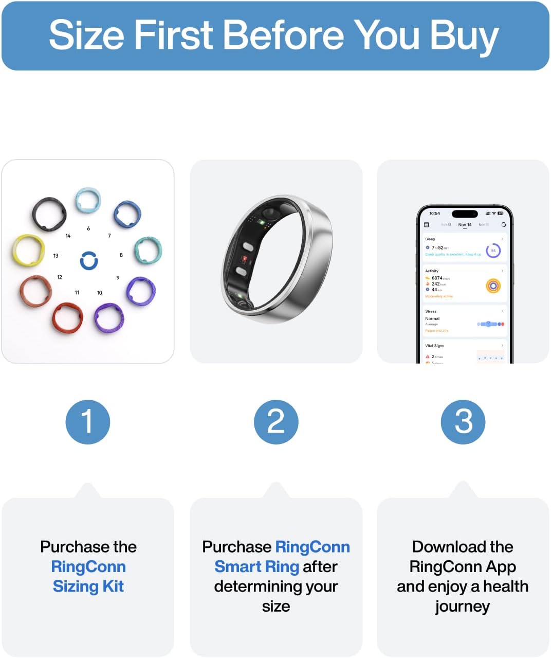 RingConn Gen 2 Air smart ring sizing kit by The Digital Health Store for accurate measurement of perfect ring size.