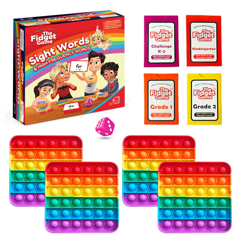The Fidget Games Sight Words Edition box showing colorful game cards and playful packaging for educational sight word practice.
