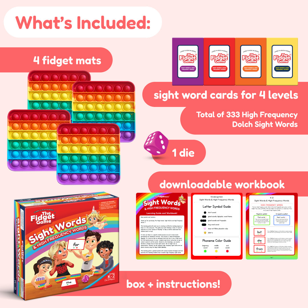 The Fidget Game: Sight Words Edition by The Fidget Games, showing colorful game pieces and sight words on the box.