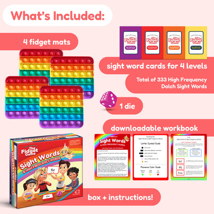 The Fidget Game: Sight Words Edition by The Fidget Games, showing colorful game pieces and sight words on the box.
