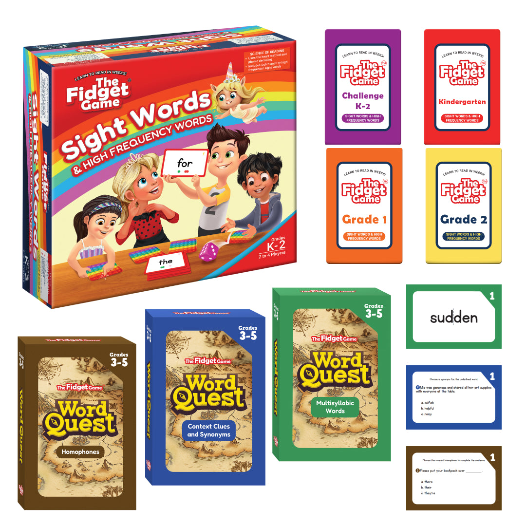 The Fidget Game: Sight Words Edition by The Fidget Games, featuring colorful game pieces and sight word cards on a table.