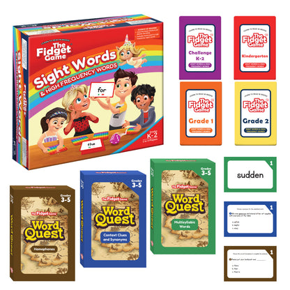 The Fidget Game: Sight Words Edition by The Fidget Games, featuring colorful game pieces and sight word cards on a table.