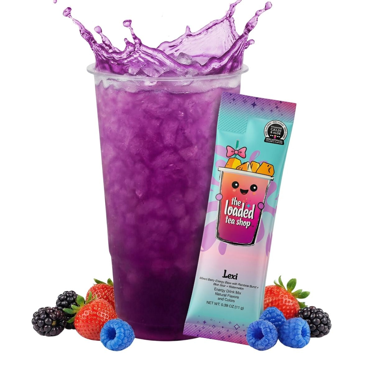 Single Lexi drink from The Loaded Tea Shop featuring a vibrant, colorful beverage in a clear cup with a straw.