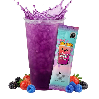 Single Lexi drink from The Loaded Tea Shop featuring a vibrant, colorful beverage in a clear cup with a straw.