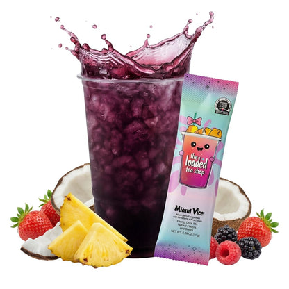 Miami Vice flavored tea singles from The Loaded Tea Shop with colorful packaging and vibrant branding.