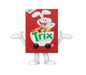 Trix cereal box featuring colorful cartoon mascot from General Mills, with bright fruit shapes on the packaging.