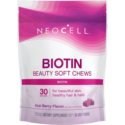 NeoCell Biotin Beauty Soft Chews with acai berry flavor, 30-count bottle, featuring colorful soft chews for hair, skin, and nail health