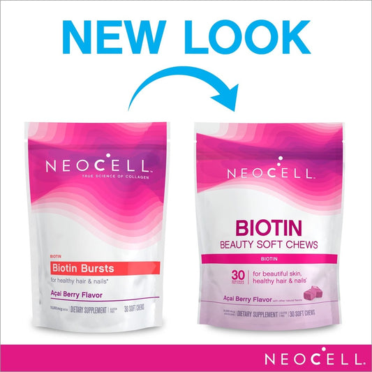 NeoCell Biotin Beauty Soft Chews in acai berry flavor, 30 count, featuring natural soft chews for healthy hair and skin.