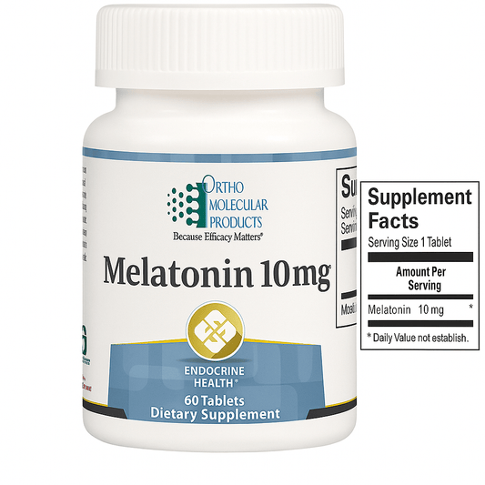 Ortho Molecular Melatonin 10mg tablets, natural sleep aid supplement, 60 count bottle, for supporting restful sleep.
