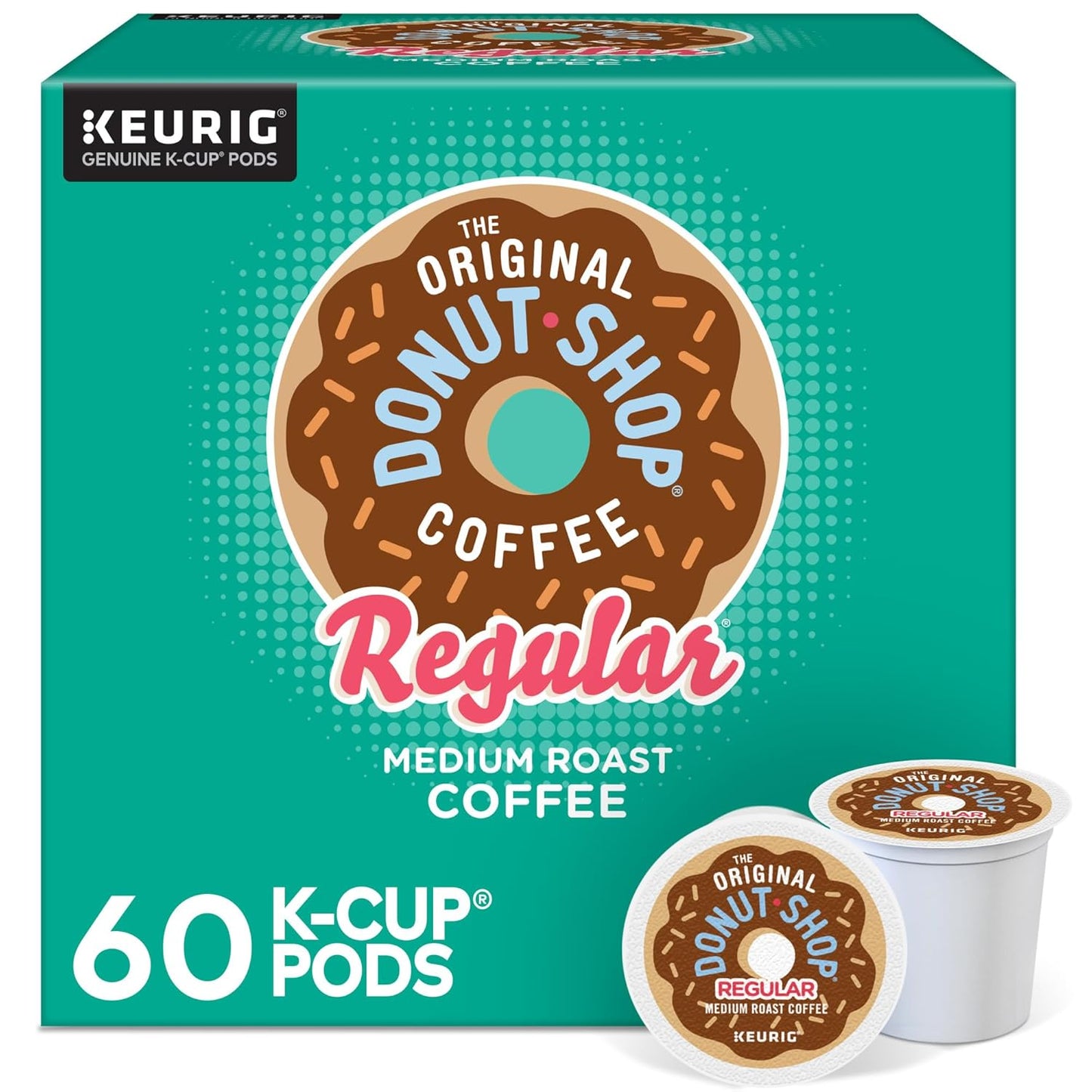 Six packs of The Original Donut Shop Regular medium roast coffee K-Cup pods for Keurig, totaling 32 single-serve coffee pods.