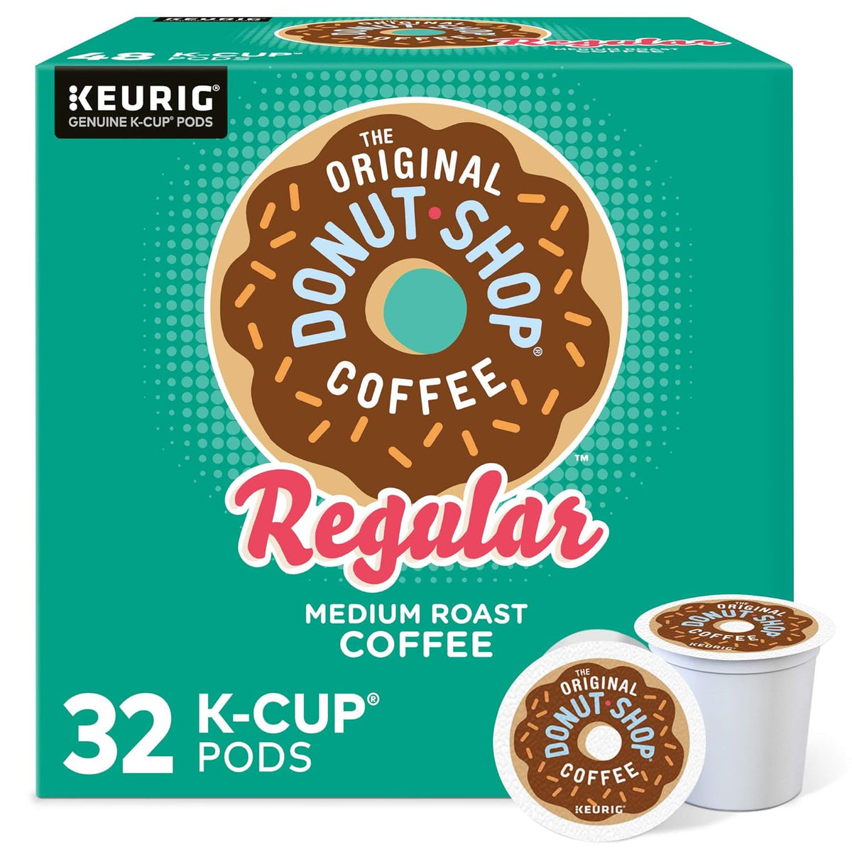 Six packs of The Original Donut Shop Regular medium roast coffee Keurig K-Cup pods, 10 pods per pack, 32 pods total for single-serve brewing.