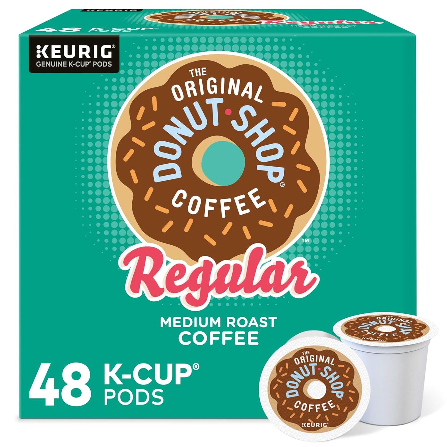 Six packs of The Original Donut Shop Regular medium roast Keurig K-Cup coffee pods, 32-count box, featuring classic coffee cups.