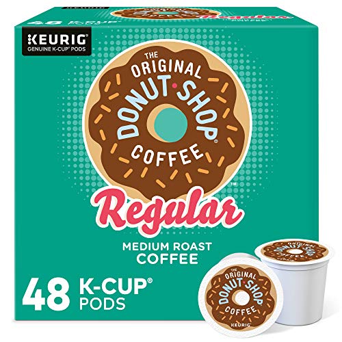 Six packs of The Original Donut Shop Regular Keurig K-Cup Pods, medium roast coffee, 10 pods per pack, 60 pods total in the image.