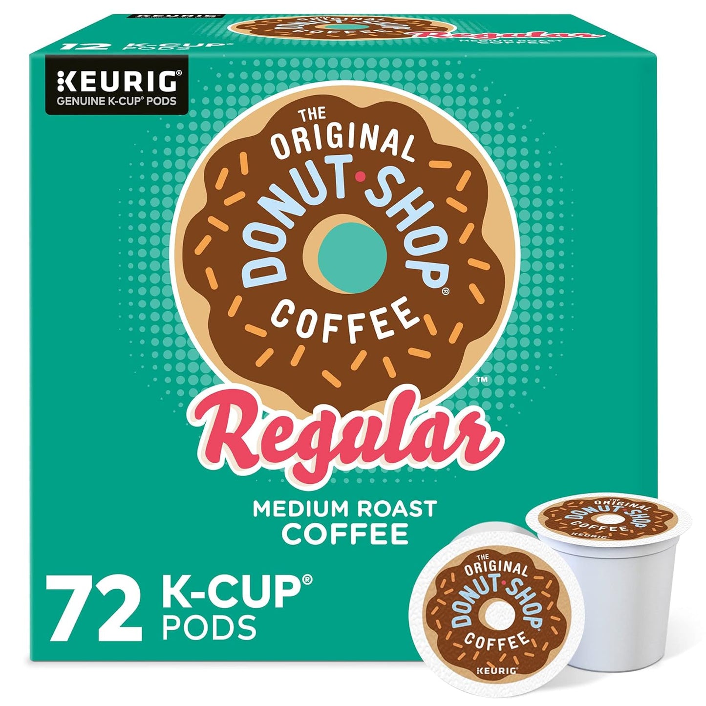 Box of 72 The Original Donut Shop Regular Keurig K-Cup Pods with medium roast coffee for single-serve brewing.