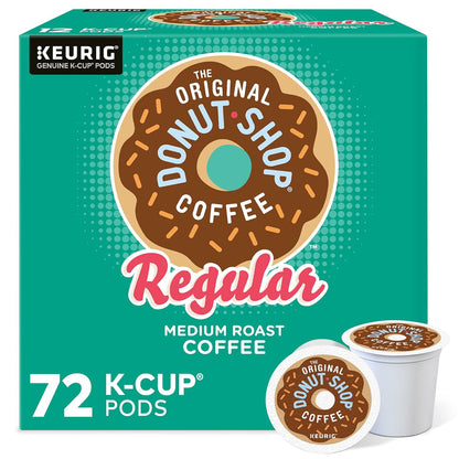 Box of 72 The Original Donut Shop Regular Keurig K-Cup Pods with medium roast coffee for single-serve brewing.