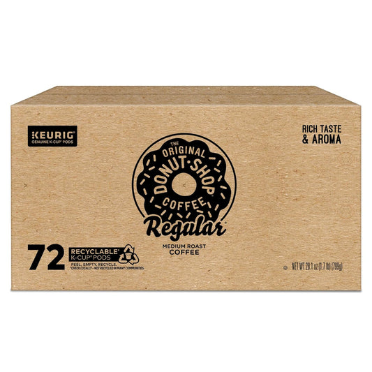 Box of 72 The Original Donut Shop regular Keurig K-Cup pods with medium roast coffee, perfect for single-serve coffee brewing.