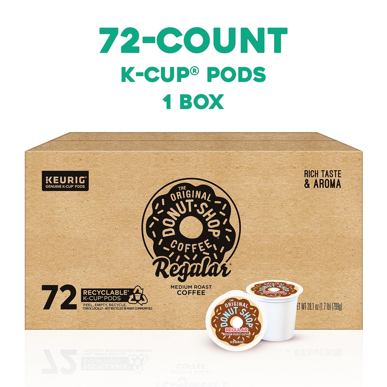 Box of 72 The Original Donut Shop Regular Keurig K-Cup Pods with medium roast coffee for single-serve brewing.