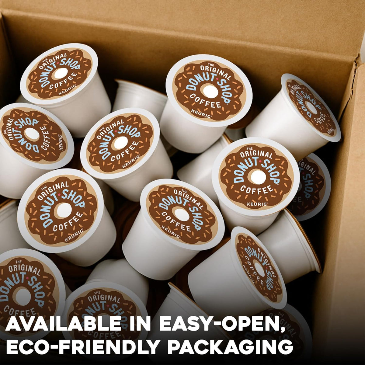 Box of 72 The Original Donut Shop Regular Keurig K-Cup Pods with medium roast coffee for single-serve brewing.