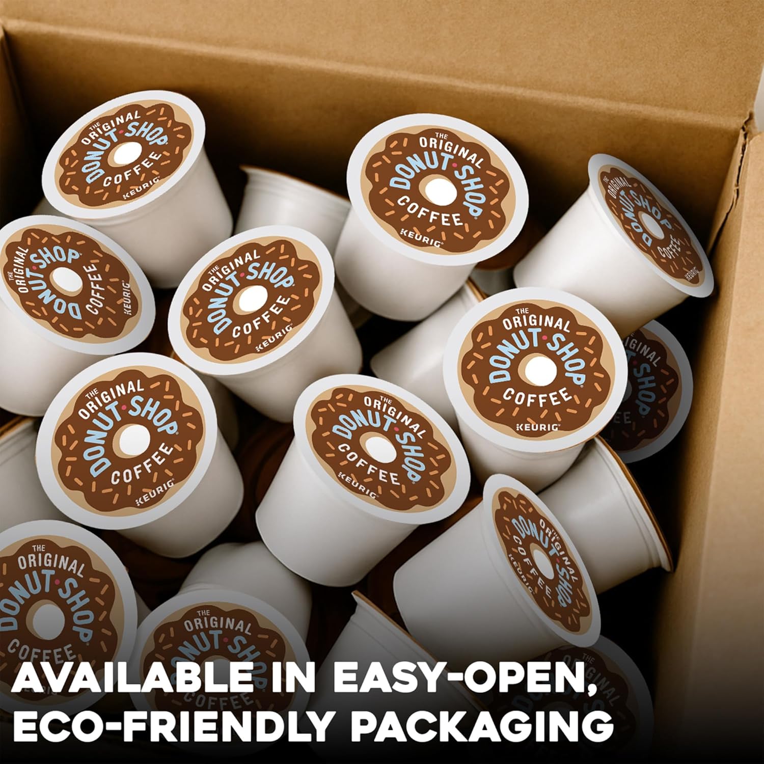 Box of 72 The Original Donut Shop Regular Keurig K-Cup Pods with medium roast coffee for single-serve brewing.
