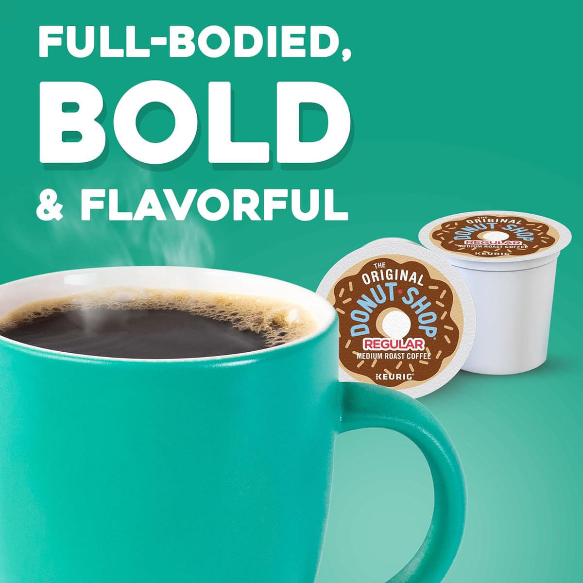 Box of The Original Donut Shop Regular Keurig K-Cup Pods with 72 medium roast coffee capsules for single-serve brewing.
