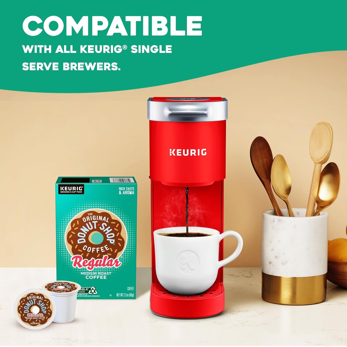 Box of 72 The Original Donut Shop Regular Keurig K-Cup Pods with medium roast coffee for single-serve brewing.
