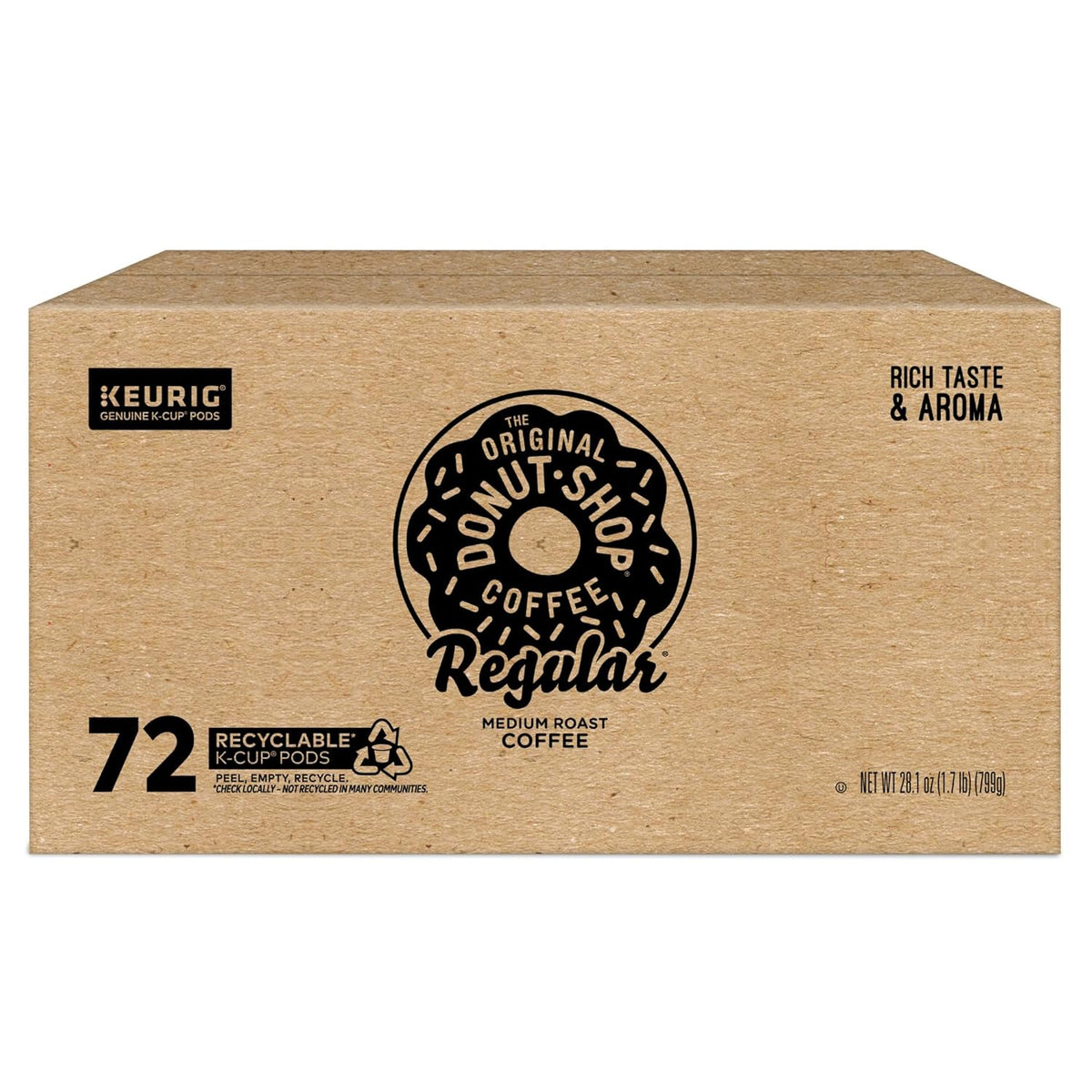 Box of 72 The Original Donut Shop Regular Keurig K-Cup Pods with medium roast coffee for single-serve brewing.