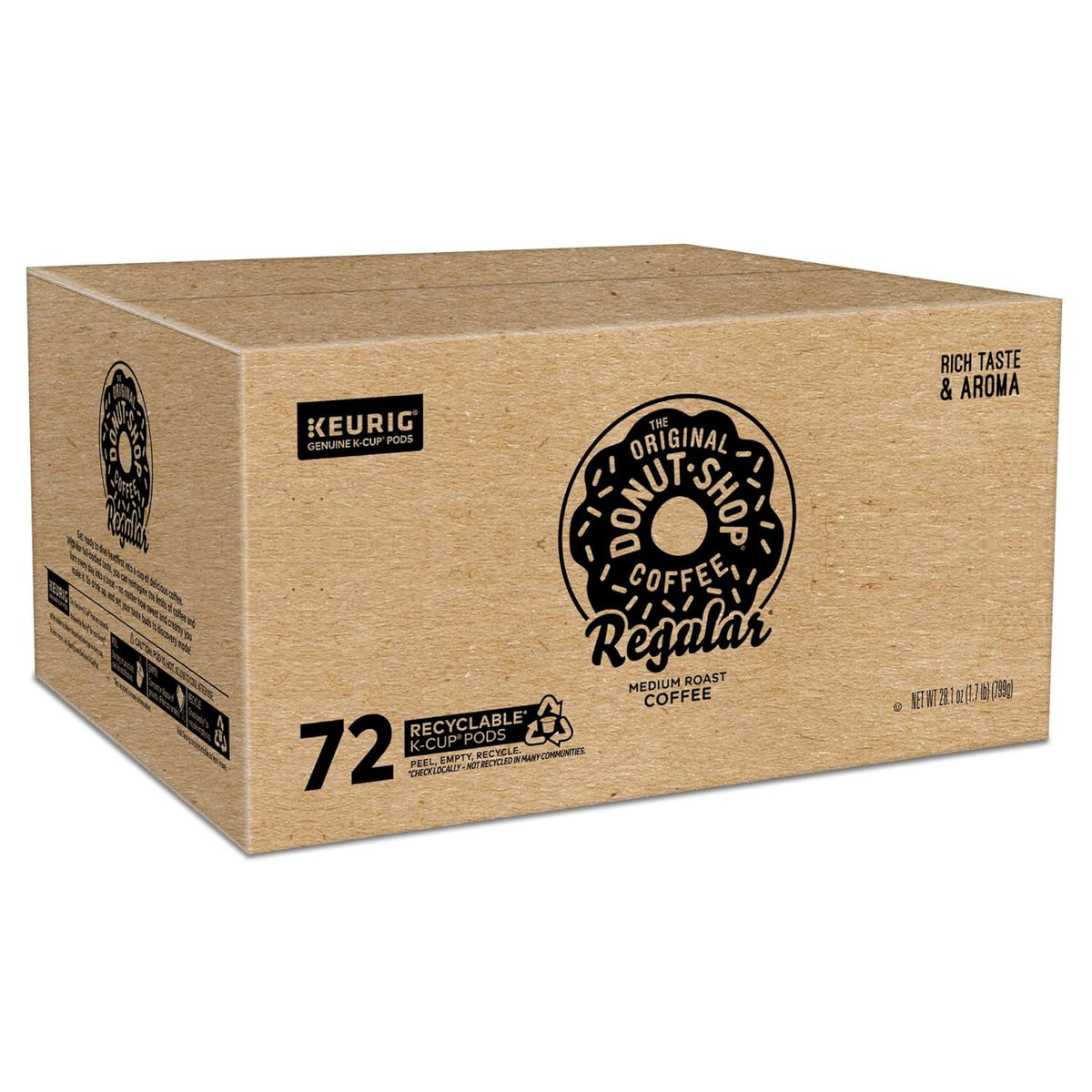 Box of 72 The Original Donut Shop Regular Keurig K-Cup pods with medium roast coffee for single-serve brewing.