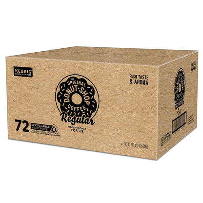 Box of 72 The Original Donut Shop Regular Keurig K-Cup Pods with medium roast coffee for single-serve brewing.