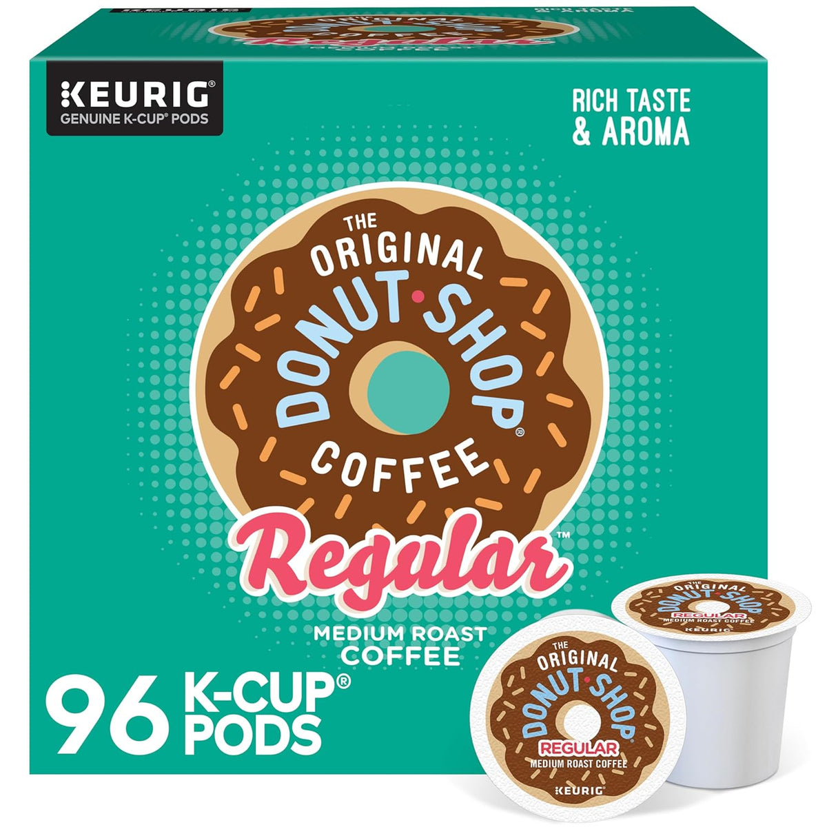 Box of 96 The Original Donut Shop Regular Keurig K-Cup coffee pods with medium roast coffee, single-serve and classic flavor.