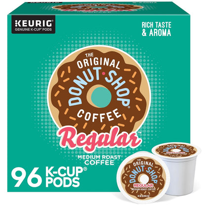 Box of 96 The Original Donut Shop Regular Keurig K-Cup coffee pods with medium roast coffee, single-serve and classic flavor.