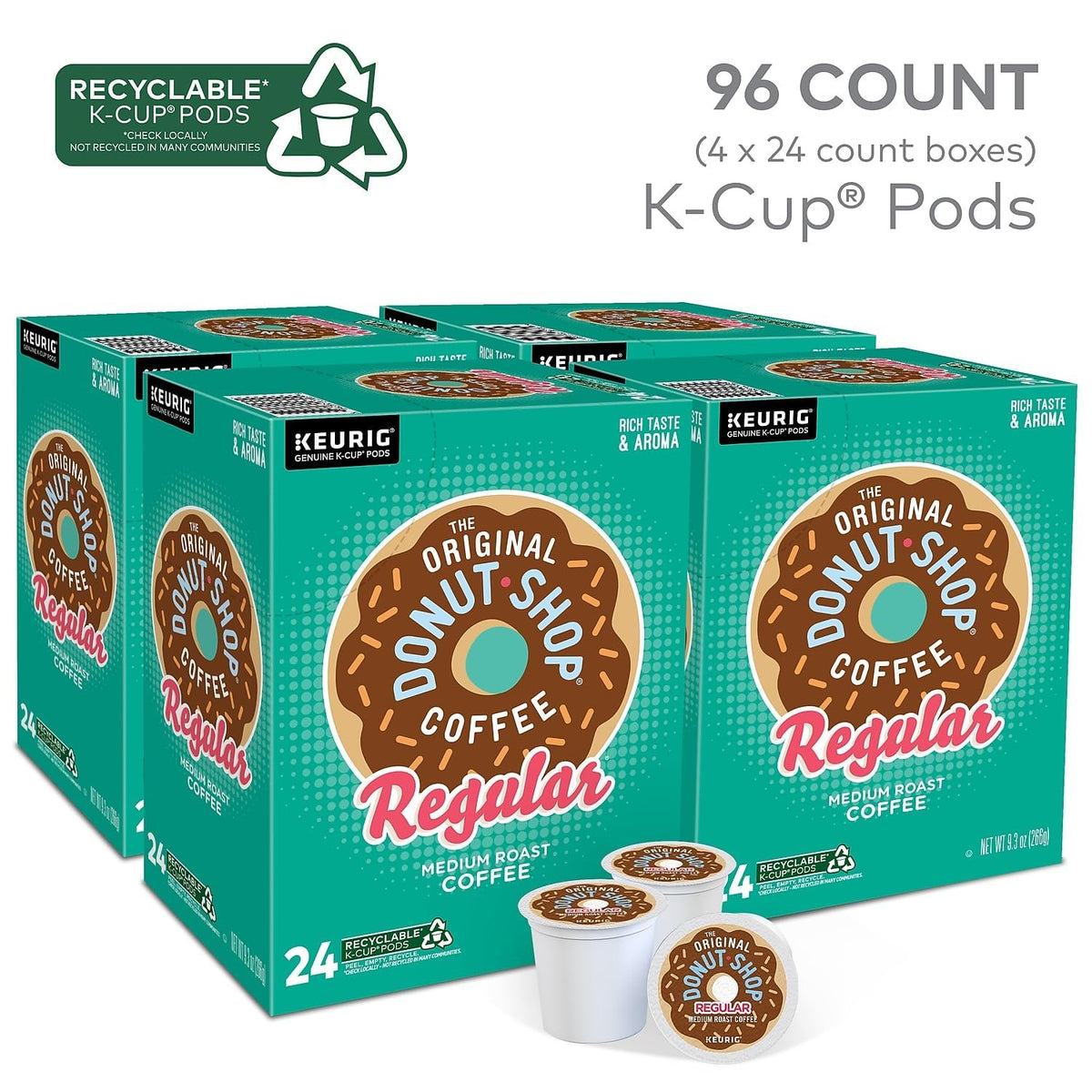 Box of 96 The Original Donut Shop Regular medium roast Keurig K-Cup coffee pods, showcasing the packaging and product branding.