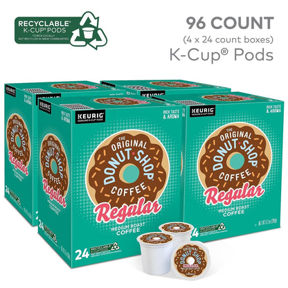 Box of 96 The Original Donut Shop Regular medium roast Keurig K-Cup coffee pods, showcasing the packaging and product branding.