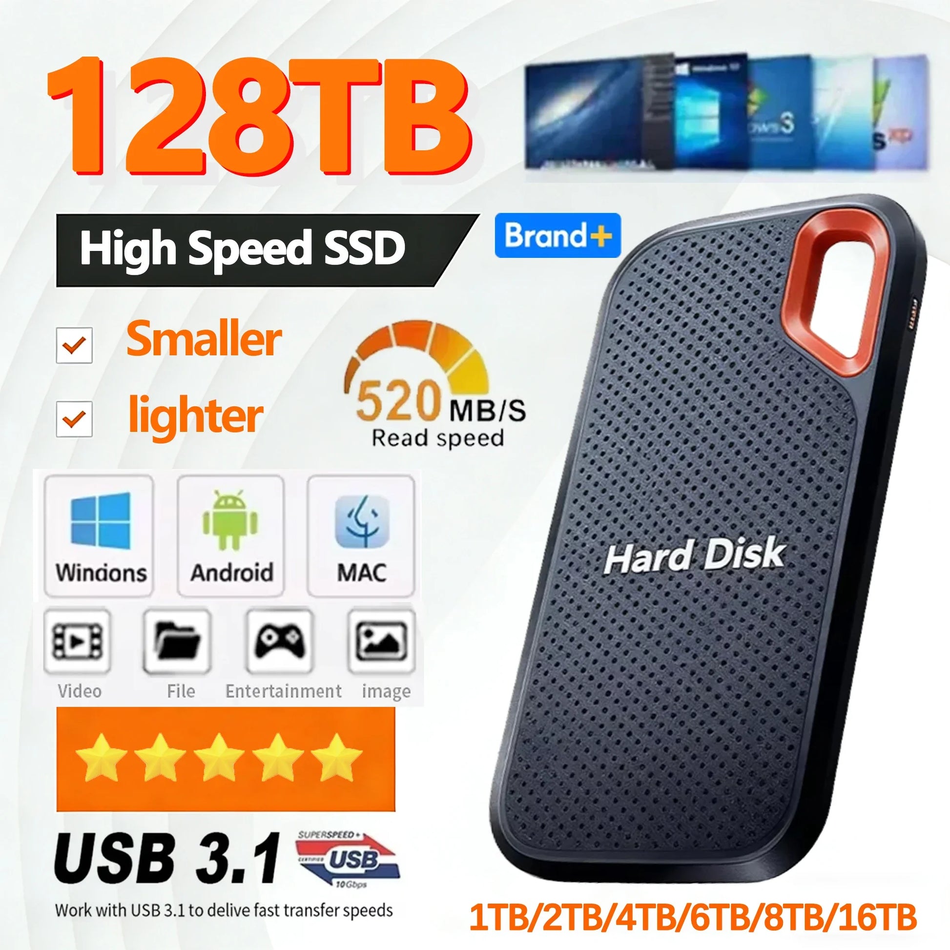 High-speed 1TB external SSD by The Shopper Stop, portable solid state drive for laptops and Mac PCs with 128TB capacity.