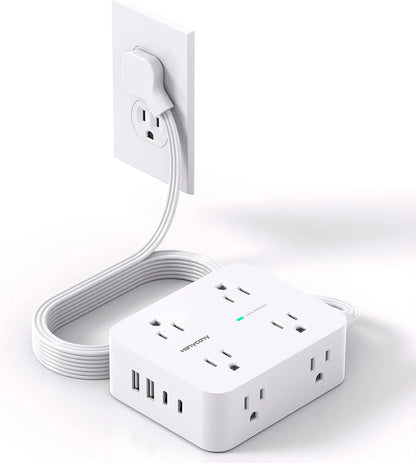 The Shopper Stop surge protector power strip with 8 outlets, 4 USB ports, and ultra-thin flat plug for home office or dorm use.